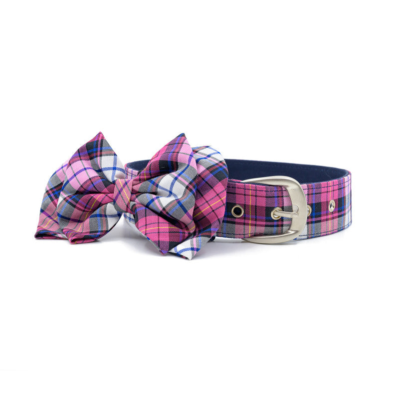 Pink Check Fabric Belt Collar with Bow-tie
