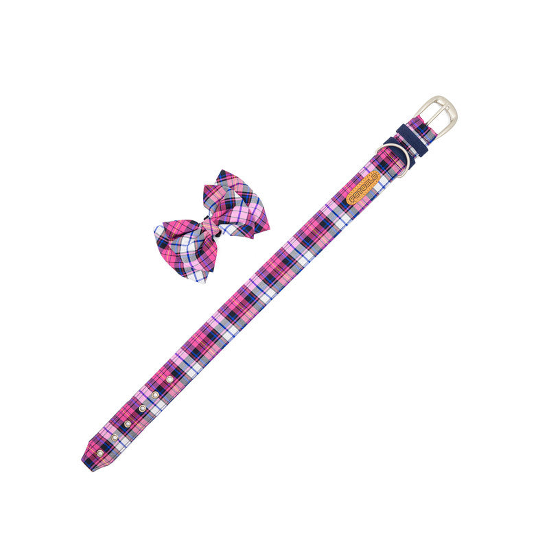 Pink Check Fabric Belt Collar with Bow-tie