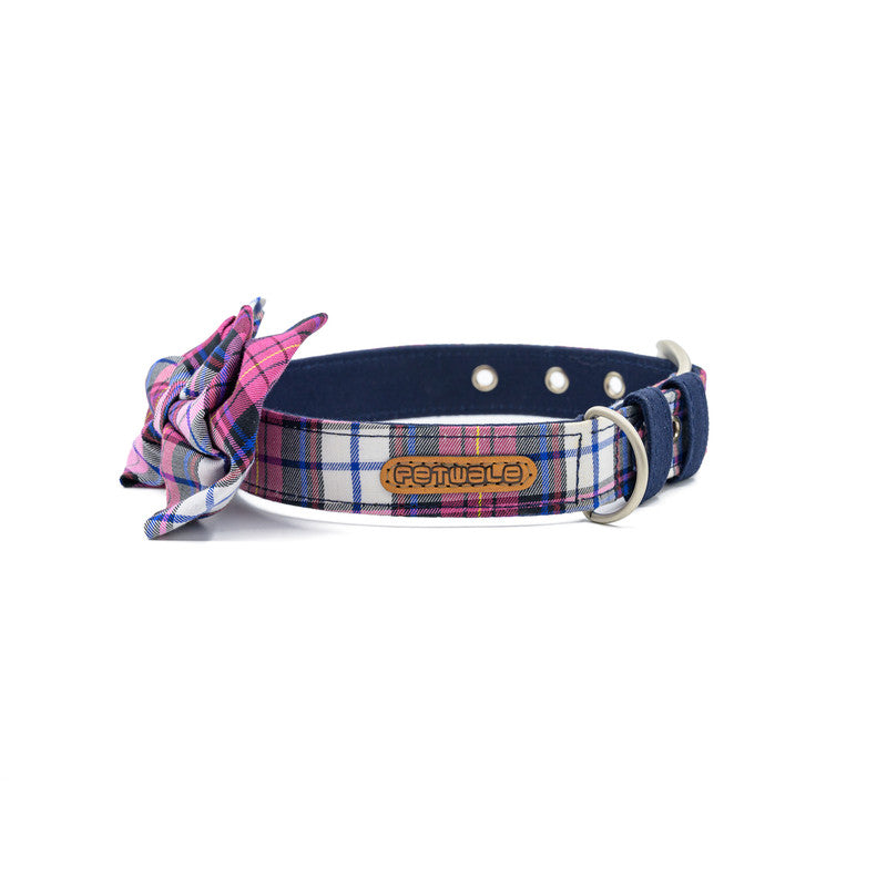 Pink Check Fabric Belt Collar with Bow-tie
