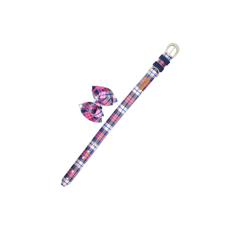 Pink Check Fabric Belt Collar with Bow-tie