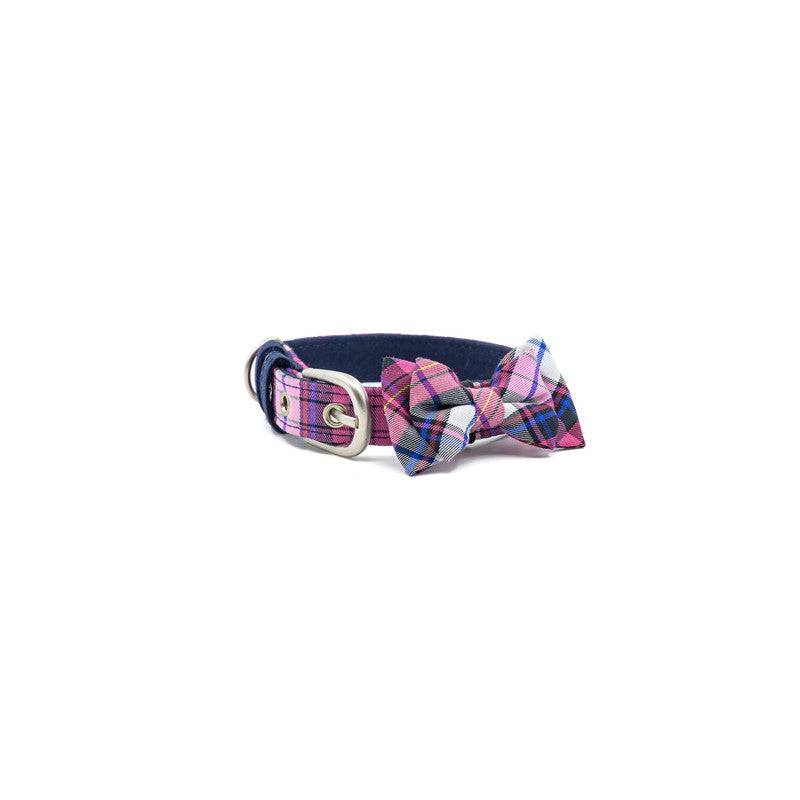 Pink Check Fabric Belt Collar with Bow-tie