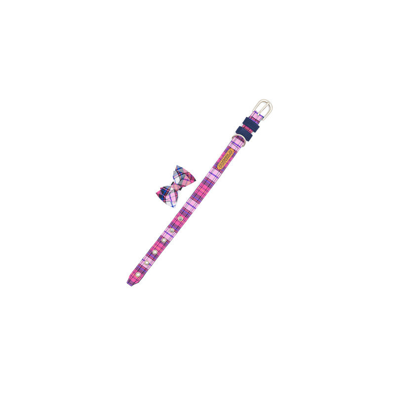 Pink Check Fabric Belt Collar with Bow-tie