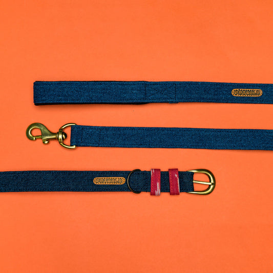 Blue Denim Fabric Belt Collar and Leash with Padded Handle