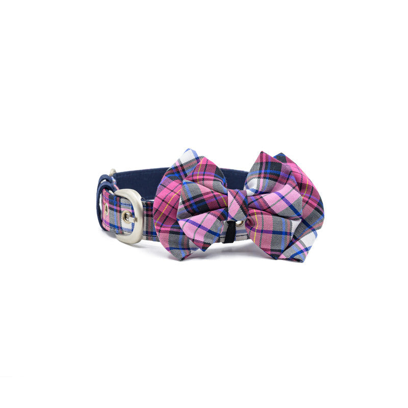 Pink Check Fabric Belt Collar with Bow-tie