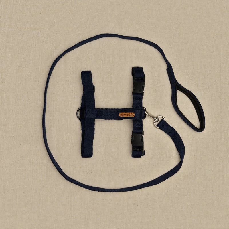 Navy Blue Cotton H-Harness and Leash with Padded Handle